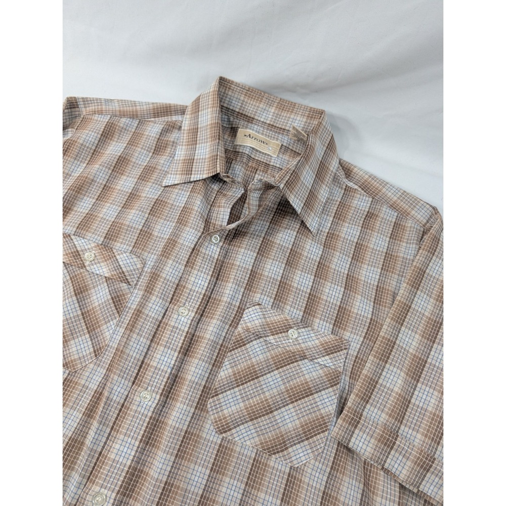 Vintage 1980's Arrow Plaid Shirt Brown Large Button Down Short Sleeve Rockabilly
